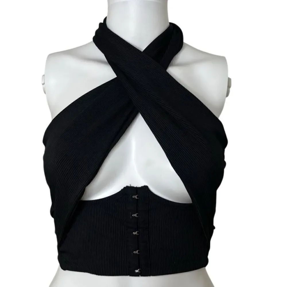 SHEIN Ribbed Bustier Criss Cross Elegant Black Halter Top Size XS